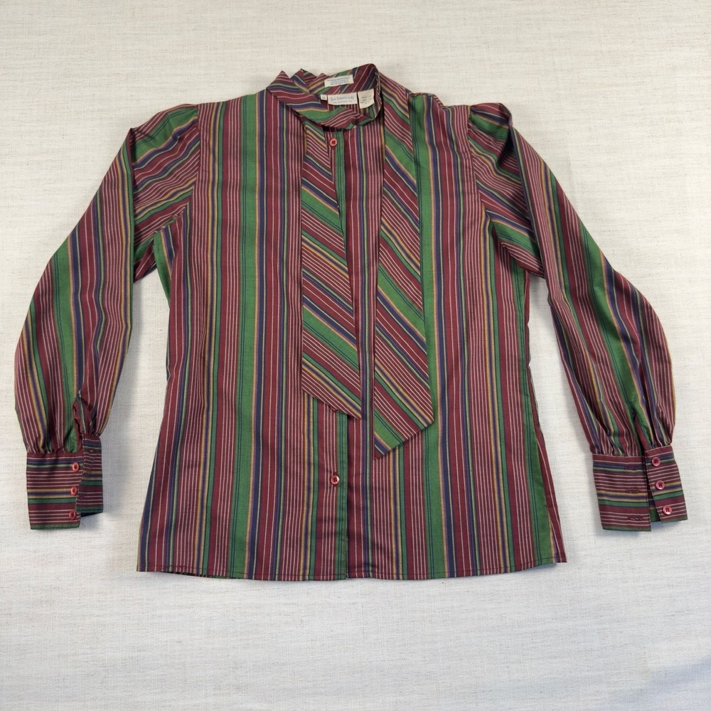 Vintage Levi Strauss & Co Striped Tie Neck Blouse Multi Color Long Sleeve Top 10